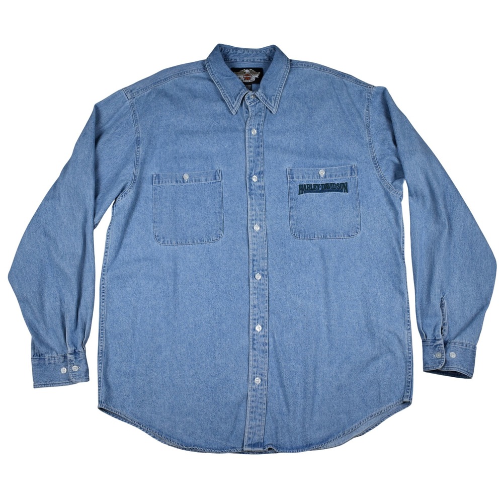 VTG Harley Davidson Denim Shirt Mens XL Blue Embroidered Logo Biker Y2K Workwear